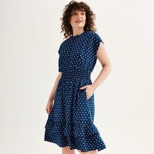 Draper James Navy Floral Smocked Midi Dress with Green Accents